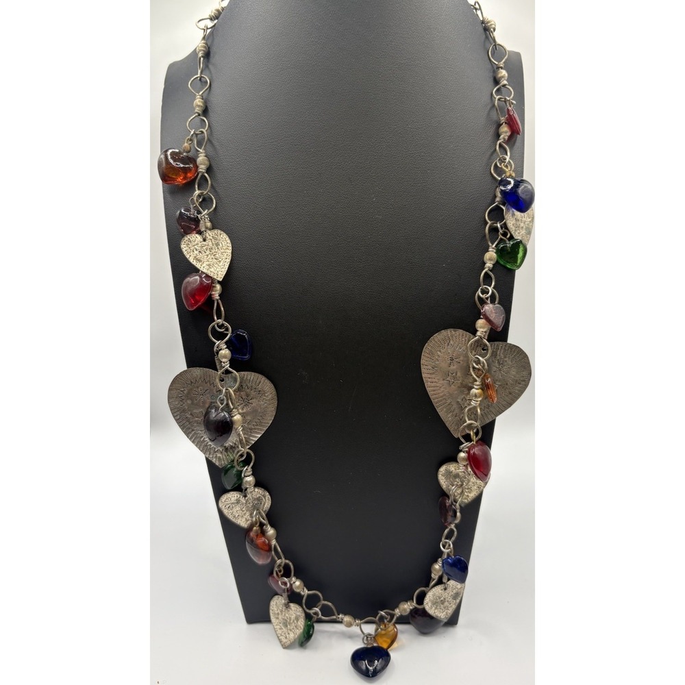 Vintage Glass Heart Silver Tone Heart Dangle Charm Necklace Clink Clank‎ Sound